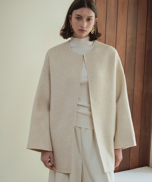 ELFRANK ノーカラーコート コート 「ウール100％」ノーカラー ミドル丈