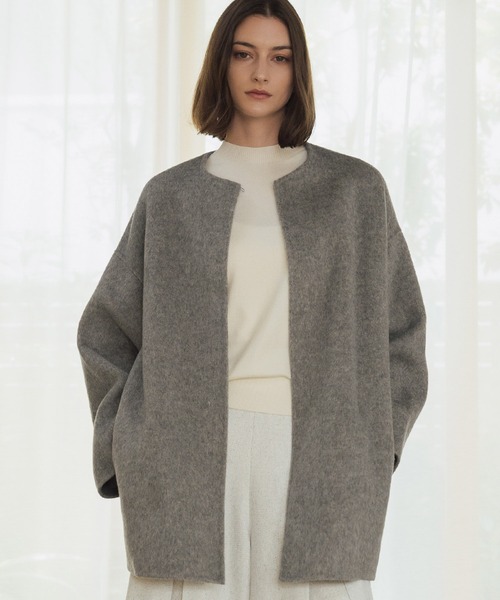 新品★ウールブレンドノーカラーミドルコート【オリーブ S】 ELFRANK ノーカラーコート コート 「2025AW」「ウール100％」ノー