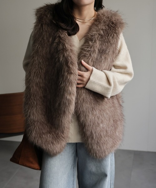 【希少】diagram フード付きフォックスファーベスト　ジレ　ブラウンベージュ ap retro ベスト ジレ フォックスライクファーベスト レディース