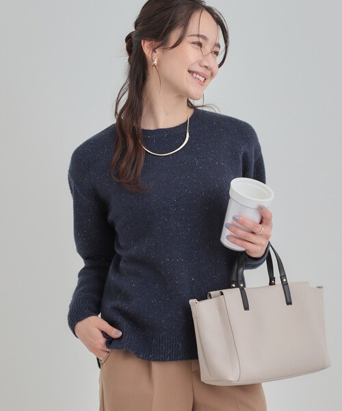 ラメ入りベージュニットセーター ゆったり/洗える】ラメ入りローゲージニット（ニット/セーター
