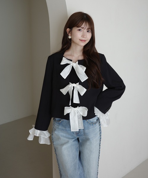 【新品未使用タグ付】eimy istoire ネイビージャケット　フリル付き エイミーイストワール EIMY ISTOIRE フリルトリムジャケットワンピース
