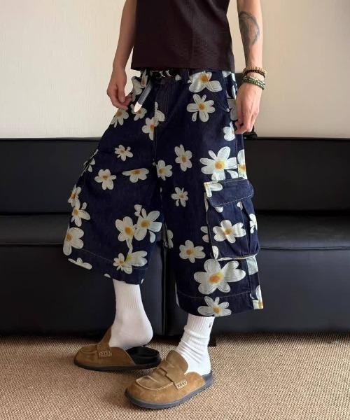 「FreeZone」 デニムハーフパンツ L ダークブルー メンズ_画像3