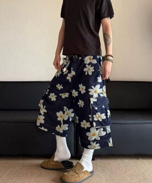 「FreeZone」 デニムハーフパンツ L ダークブルー メンズ_画像4