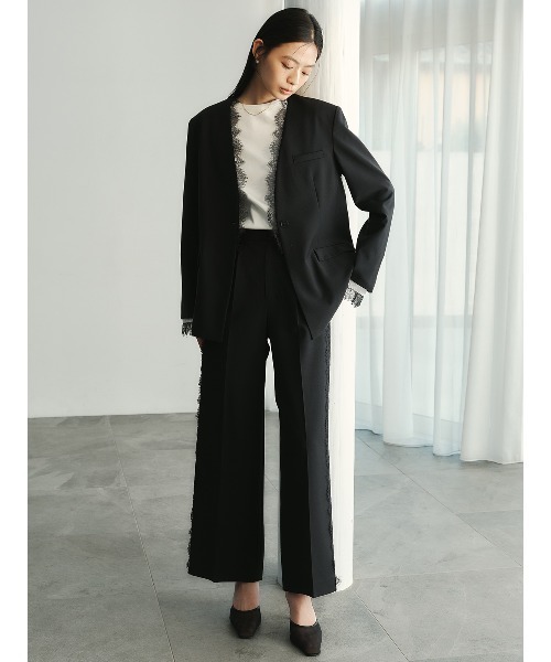 ワイドパンツ パンツ レーストリムタックパンツ レディースの画像
