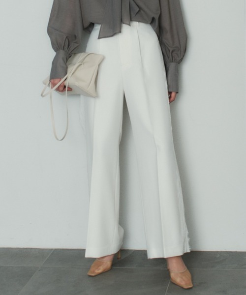ワイドパンツ パンツ レーストリムタックパンツ レディースの画像