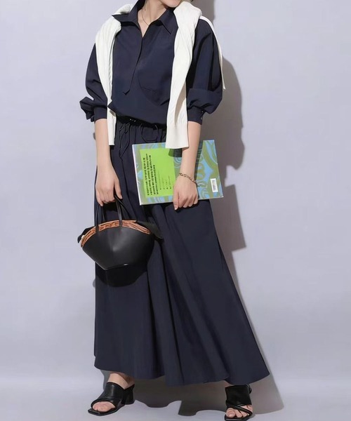 リナシメント◆上品にスタイルUpデザイン！黒スキッパーシャツ”ロングワンピ！XS LOWO ワンピース ドロストスキッパーロングシャツワンピース
