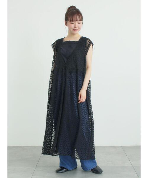 ワンピース チュール刺繍前後2WAYノースリワンピースの画像