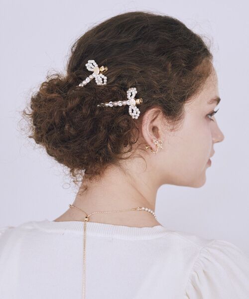 リボン型ブラックヘアピン パール付き　※袋付き Maison de FLEUR（メゾンドフルール） ヘアピン パールリボン2セット