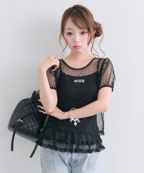 OLIVE des OLIVEフレアジャンスカ ブラック＋袖レースTシャツセット OLIVE des OLIVE（オリーブデオリーブ） tシャツ 半袖 シアトップス