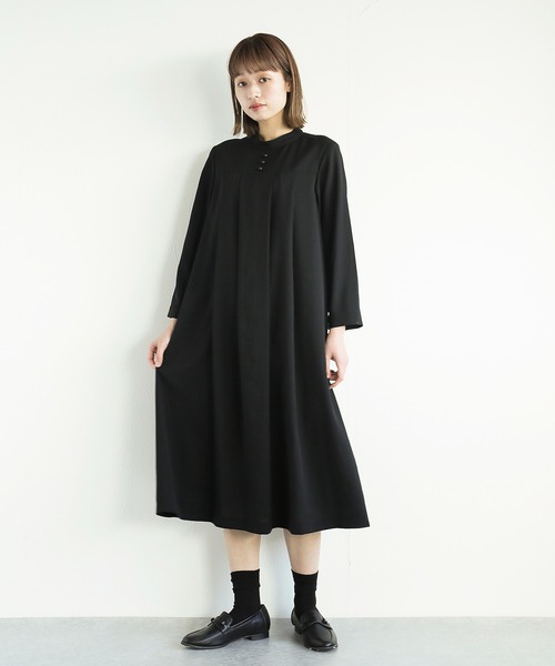 ワンピース 卒業式 「洗濯機で洗える」「喪服　WEB限定」小柄さんから妊婦さんまで着用できるブラックフォーマルヨーク切り替えタックフレアーワンピースの画像