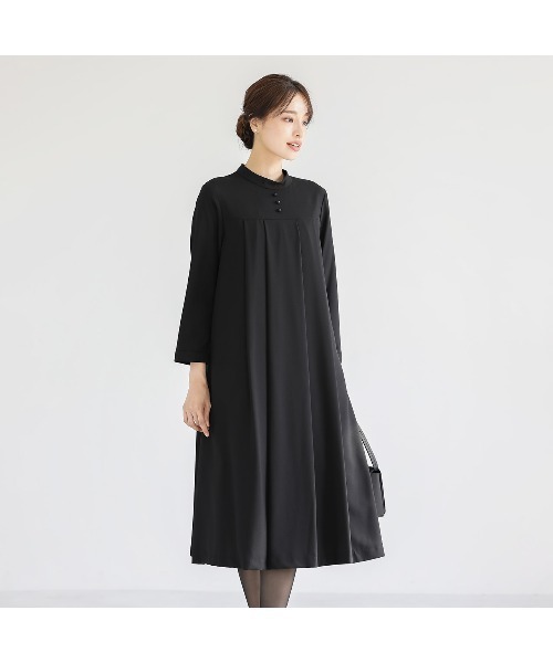 ワンピース 卒業式 「洗濯機で洗える」「喪服　WEB限定」小柄さんから妊婦さんまで着用できるブラックフォーマルヨーク切り替えタックフレアーワンピースの画像