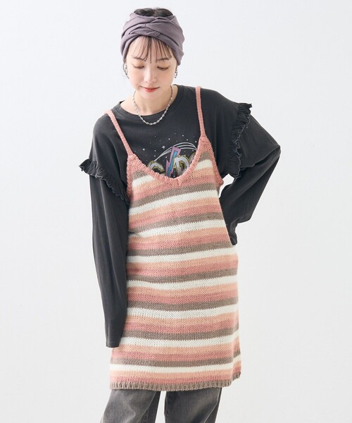 forksy.】マルチボーダーアンサンブルワンピース/半袖Tシャツ