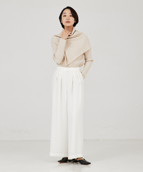 qualite（カリテ） パンツ ストレッチサテンワイドパンツ レディース