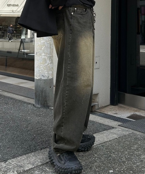 デニム・ジーパン Po Semi Wide Denim Pants (2color) Chikashitsu +】design washing wide denim pants (2color
