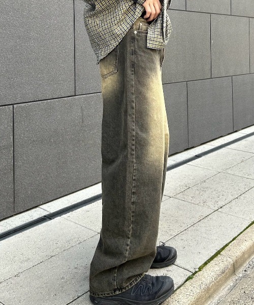 パンツ Chikashitsu +crack wash wide denim pants 大阪店WEB限定【Chikashitsu +】crack wash wide denim pants