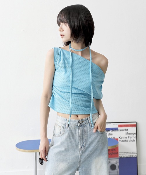 overE スクエアネックストラップカットソー：ティールブルー