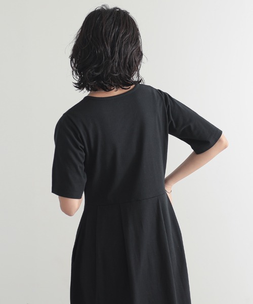 よし　t．b半袖ジャガードコクーンワンピース ブラック×ホワイト未使用 for/c（フォーシー） ワンピース 半袖 汗シミ防止コクーンワンピース