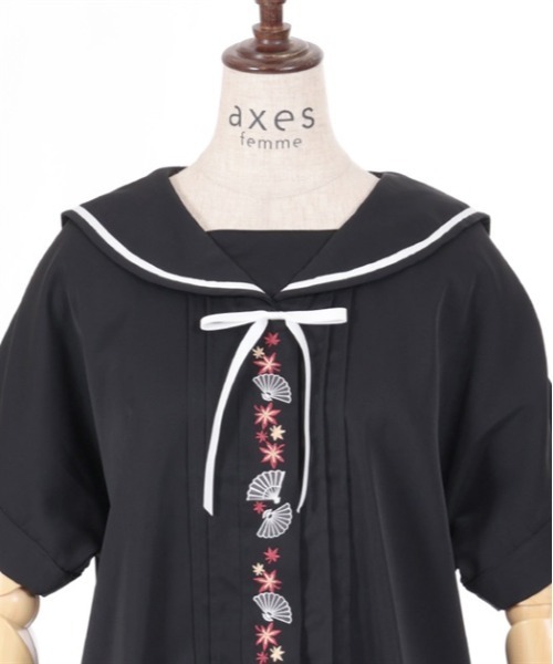 axes femme ブラウス シャツ 扇子×紅葉刺繍セーラーブラウス