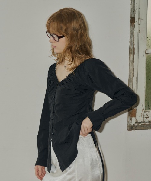 GIUNON ブラウス シャツ waist cinching shirring blouse