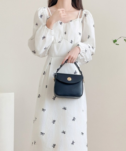 ECLIN（エクラン） ワンピース リボン刺繍レイヤード風Aラインロング