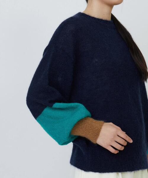 LOISIR ニット セーター モヘヤ混カラーブロッキングスリーブプル