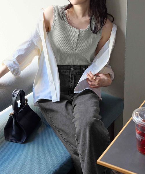 タンクトップ ノースリーブ ヘンリーネックレースタンクトップ