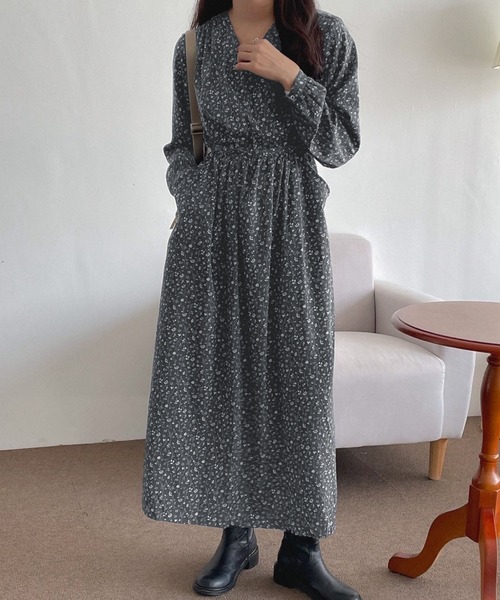 長袖 ワンピース 花柄 カシュクール フェミニン 薄手 全2色 Kuroba ワンピース 小花柄カシュクール長袖ロングワンピース