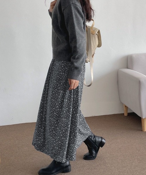 Kuroba ワンピース 小花柄カシュクール長袖ロングワンピース