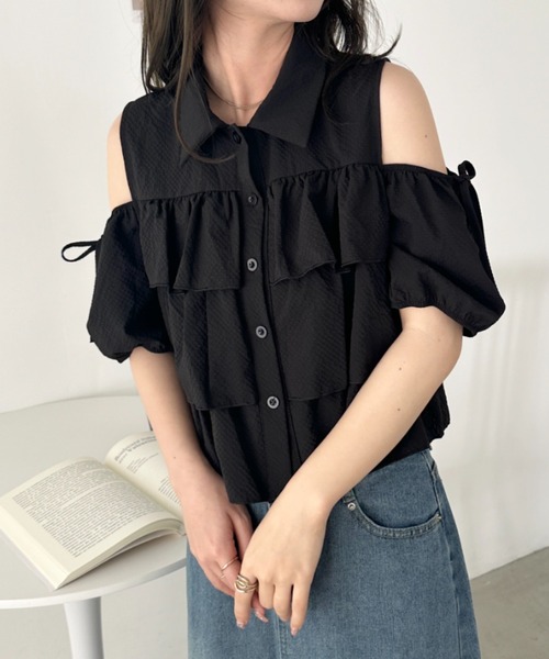 CLEA ブラウス シャツ オープンショルダーフリル半袖トップス