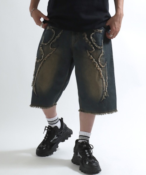 00s ozz croce サスペンダー付 龍プリントブラックデニムハーフパンツ 3サイズ展開！ヴィンテージ加工デニムジョーツ/デニムハーフ