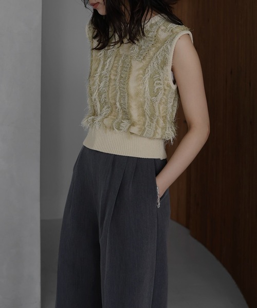 カットフリンジノースリーブニット Fringe N/S knit tops フリンジノースリーブニットトップス