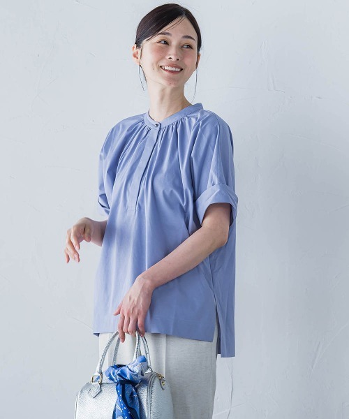 ブラウス シャツ 「WEB限定」ライクアウーヴンバンドカラーブラウス「洗濯機で洗える」 レディース