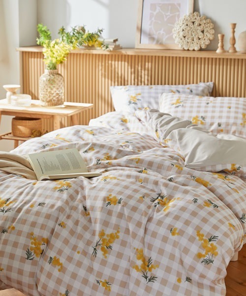 ベッド 寝具 布団カバーセット ギンガムチェック×ミモザ柄 2点セット