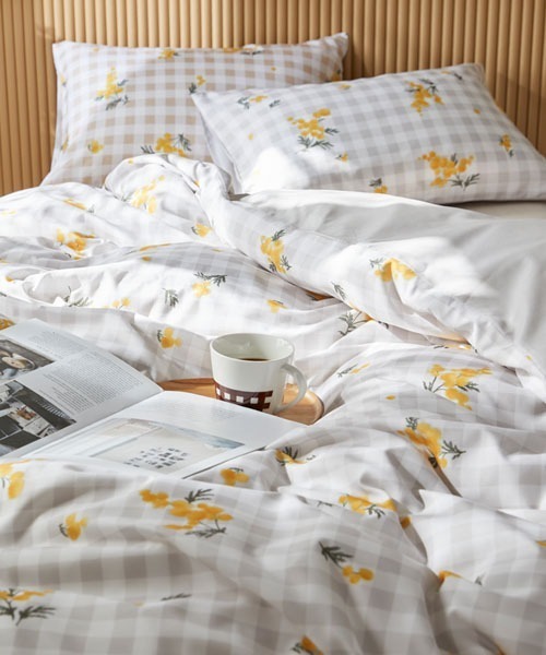 ベッド 寝具 布団カバーセット ギンガムチェック×ミモザ柄 2点セット