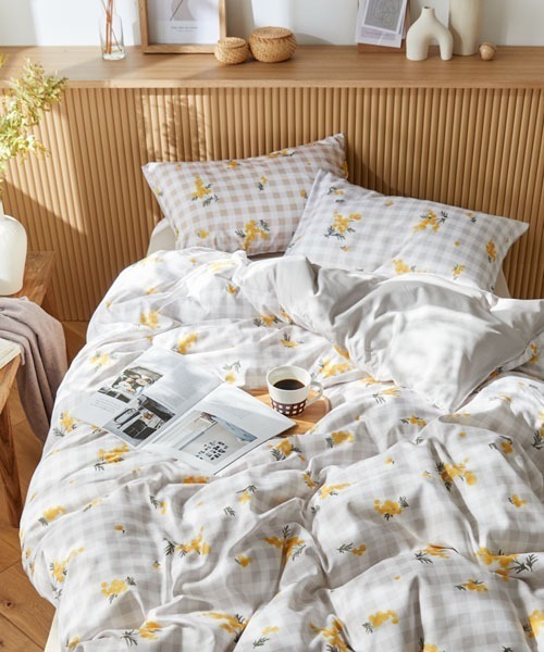 ベッド 寝具 布団カバーセット ギンガムチェック×ミモザ柄 2点セット