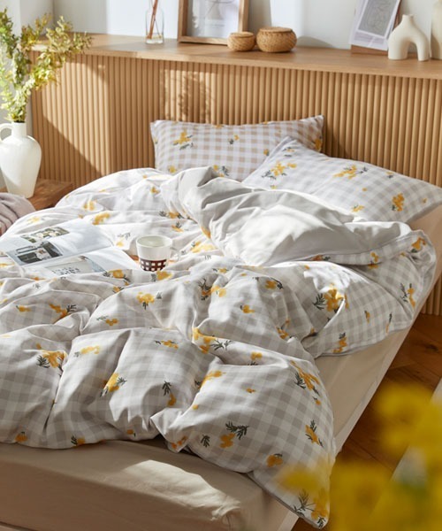 ベッド 寝具 布団カバーセット ギンガムチェック×ミモザ柄 2点セット