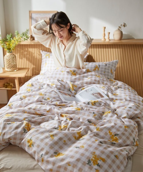 ベッド 寝具 布団カバーセット ギンガムチェック×ミモザ柄 2点セット