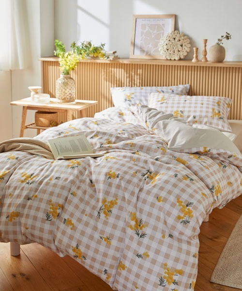 ベッド 寝具 布団カバーセット ギンガムチェック×ミモザ柄 2点セット