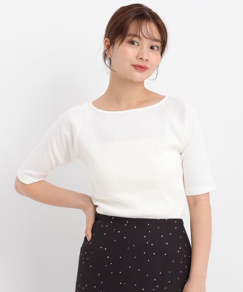 Andemiu tシャツ リブボートネック5分袖カットソー587124