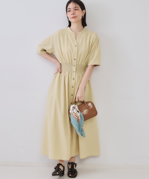 【一点・オーカーベージュ色】ワッシャーlinen＊リブ袖口かっぽう着ワンピース OPAQUE.CLIP（オペークドットクリップ） ワンピース リネンライク