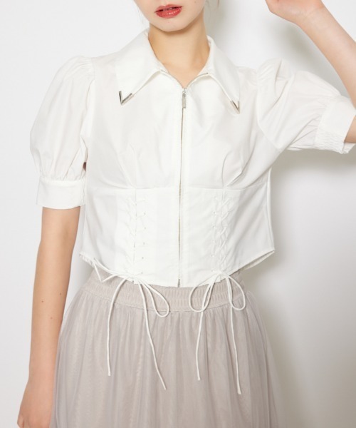 ブラウス シャツ コンパクトレースアップブラウス 夏服 半袖 秋服 レディース