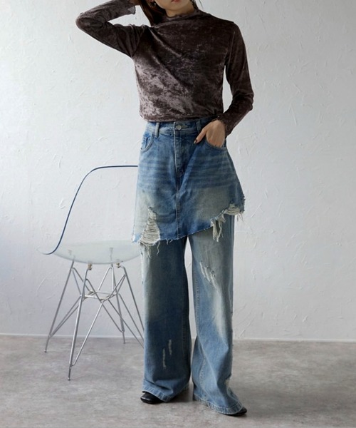 [ap retro] повреждение обработка Denim брюки LARGE голубой женский 