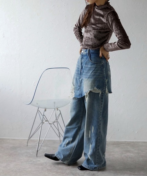 [ap retro] повреждение обработка Denim брюки LARGE голубой женский 