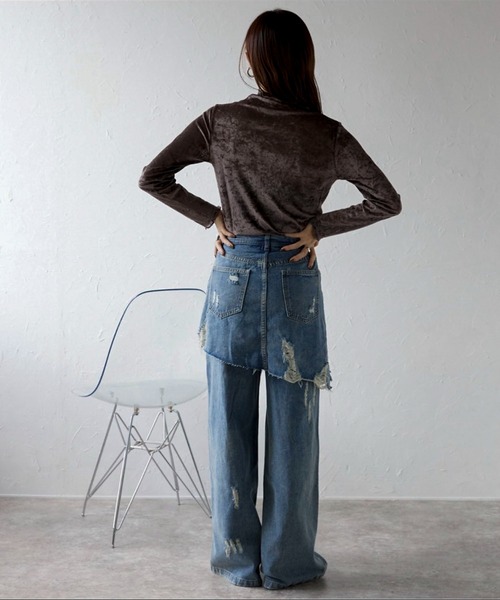 [ap retro] повреждение обработка Denim брюки LARGE голубой женский 