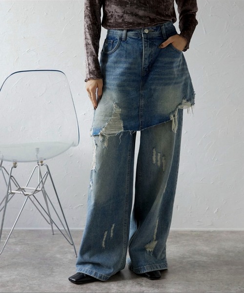 [ap retro] повреждение обработка Denim брюки LARGE голубой женский 