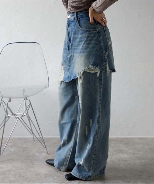 [ap retro] повреждение обработка Denim брюки LARGE голубой женский 