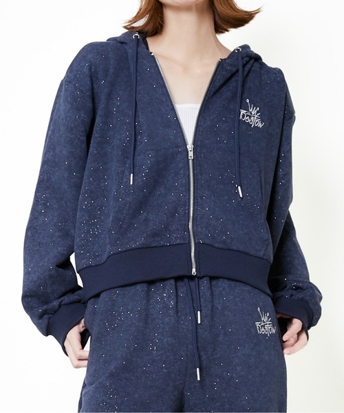 パーカー 「ラメ入り×ロゴ刺繍」レディース ジップアップパーカー 長袖