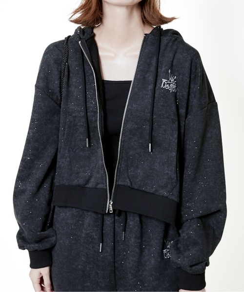 パーカー 「ラメ入り×ロゴ刺繍」レディース ジップアップパーカー 長袖