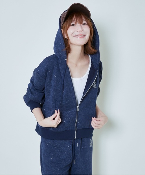 パーカー 「ラメ入り×ロゴ刺繍」レディース ジップアップパーカー 長袖
