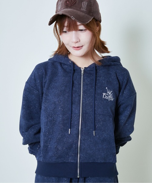 【美品】コーデ売り♡異素材 ジップアップパーカー＆Iラインラメスカート パーカー 「ラメ入り×ロゴ刺繍」レディース ジップアップパーカー 長袖